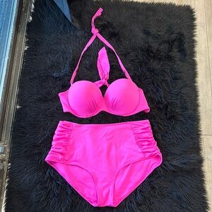 Hot pink bikini, high waisted suit